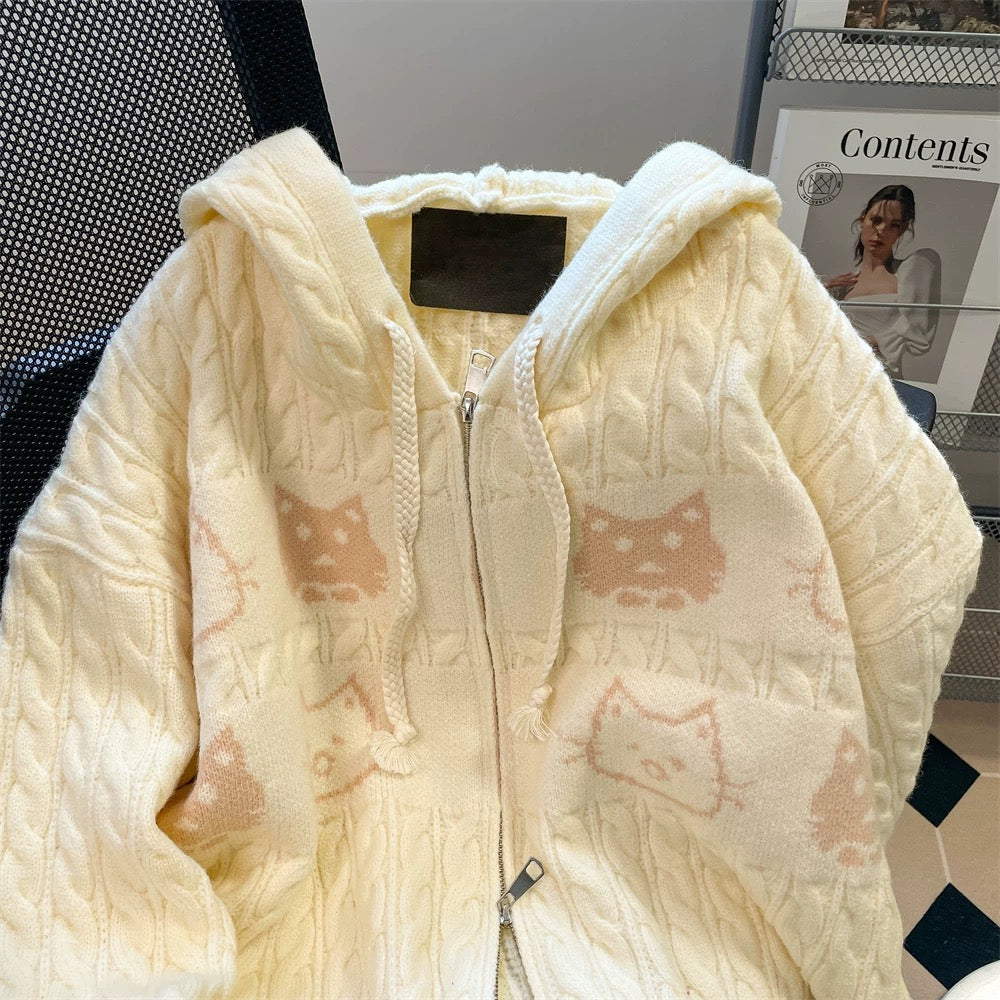 Creamy yellow cute cat hooded twist sweater for women spring and autumn loose Korean style sweet soft waxy knitted cardigan jacket