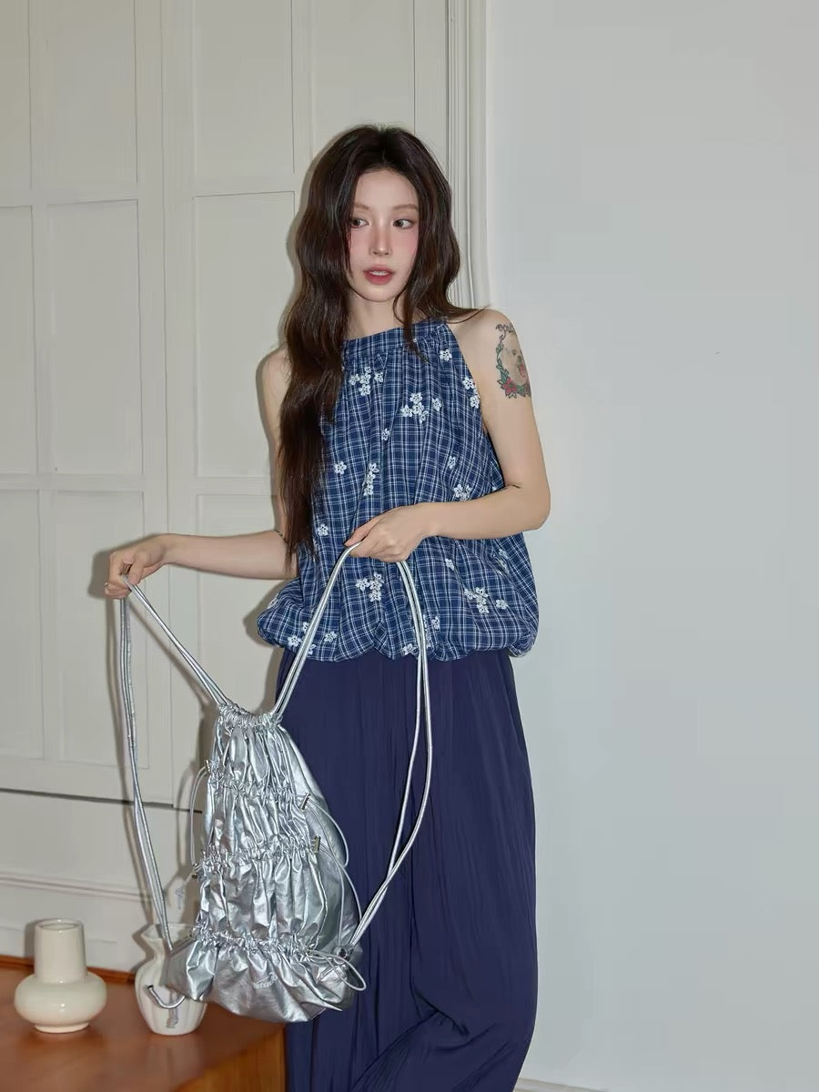 Chaochao Home Premium Navy Blue Plaid Floral Sleeveless Top for Women, Summer Retro Casual Loose-fitting Blouse, Outerwear Vest