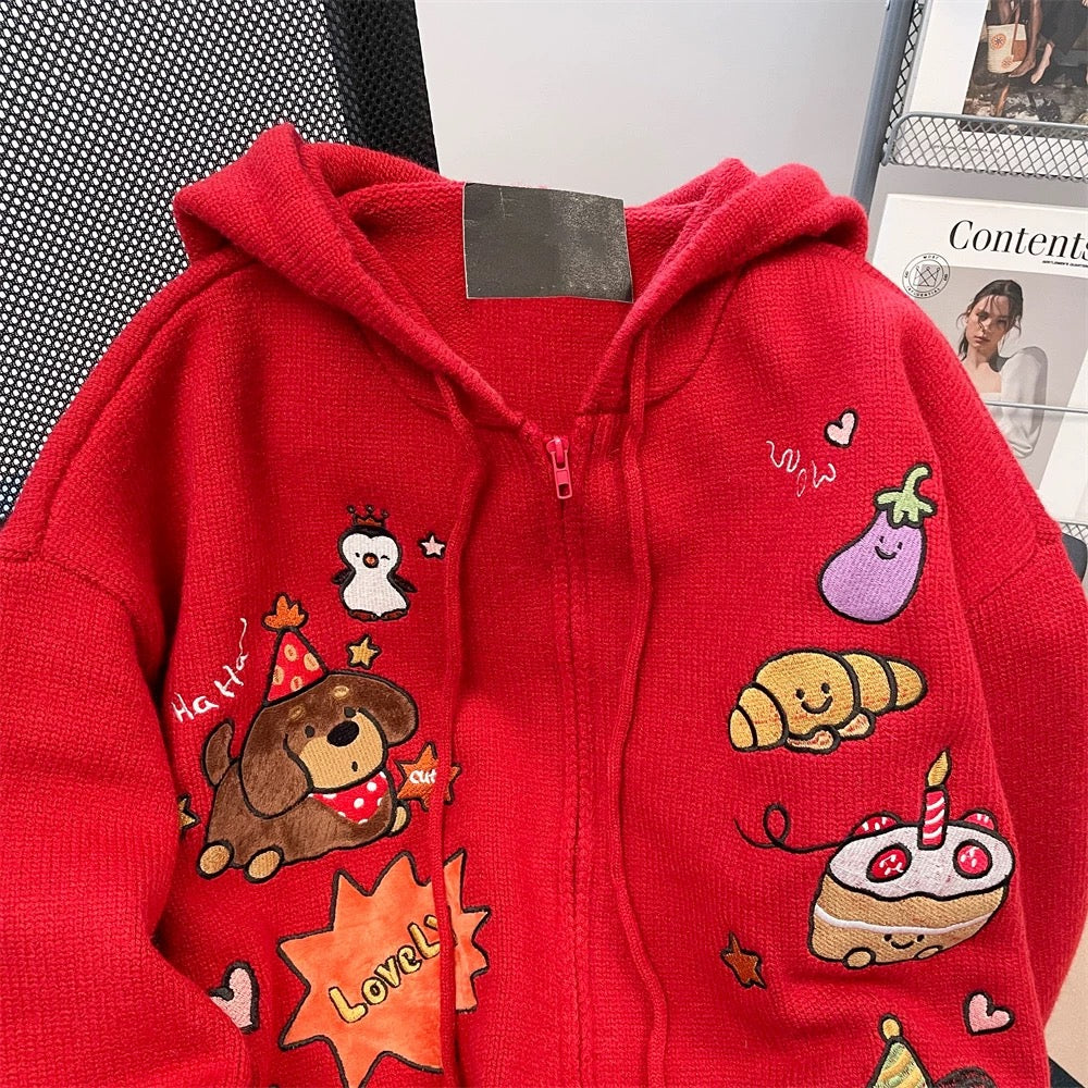 Japanese Christmas red puppy embroidered hooded sweater for women in autumn and winter sweet and cute age-reducing western style knitted cardigan jacket