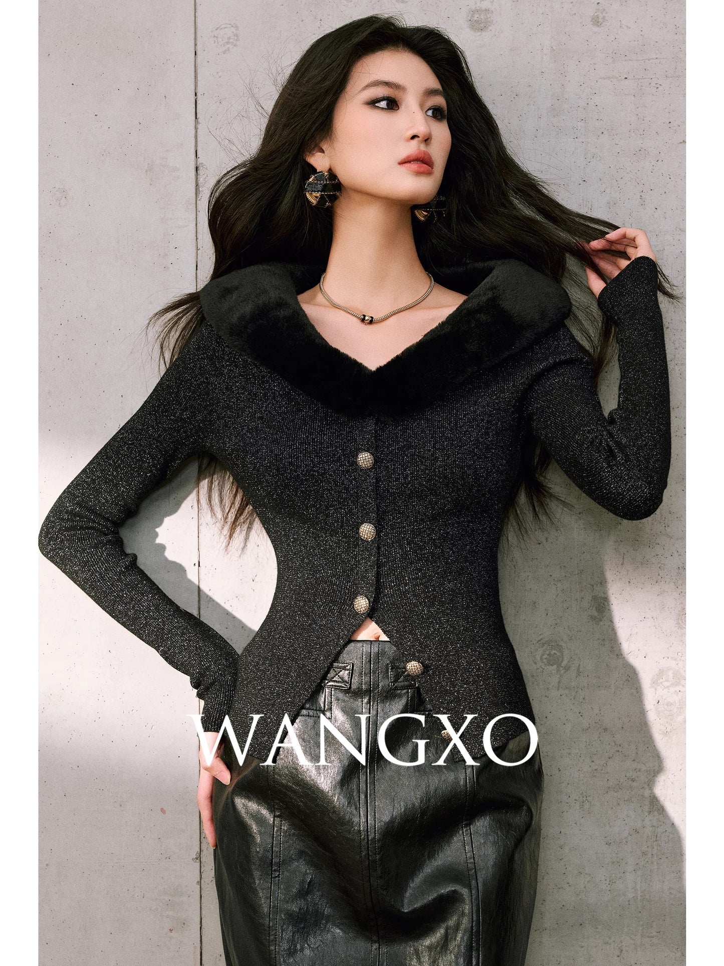 WANGXO | Sparkling Galaxy Wool | Detachable Eco-friendly Rabbit Fur Collar, Embossed Gold Buckle, Inverted V-Shaped Hem