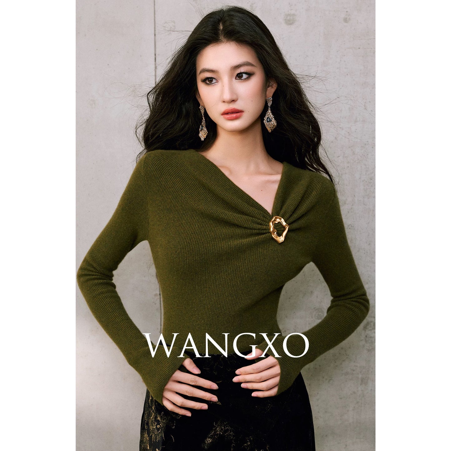 WANGXO | Luxurious Lightweight Warm Cashmere and Wool with 3D Texture | Slim Fit Knit Sweater with Asymmetrical Neck, Gathered Pleats, and Metallic Decoration