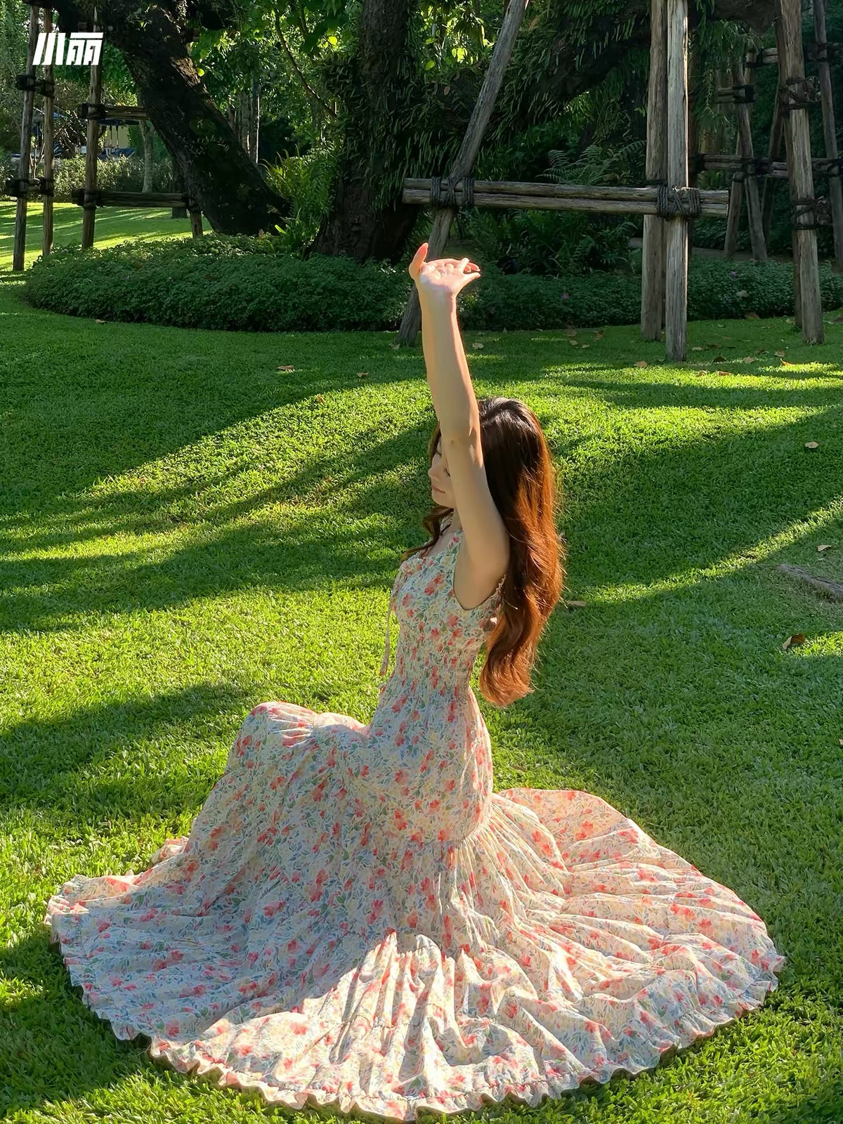 Xiao Li "Chasing the Wind in the Wilds" — Red floral-print maxi camisole dress featuring a paneled, tiered, voluminous A-line skirt.