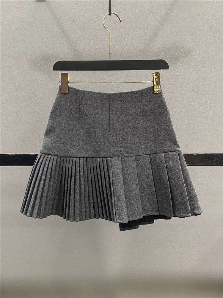 Irregular slit wool midi skirt for women, new autumn/winter 2025 style, high-waisted, slimming A-line pleated mini skirt.