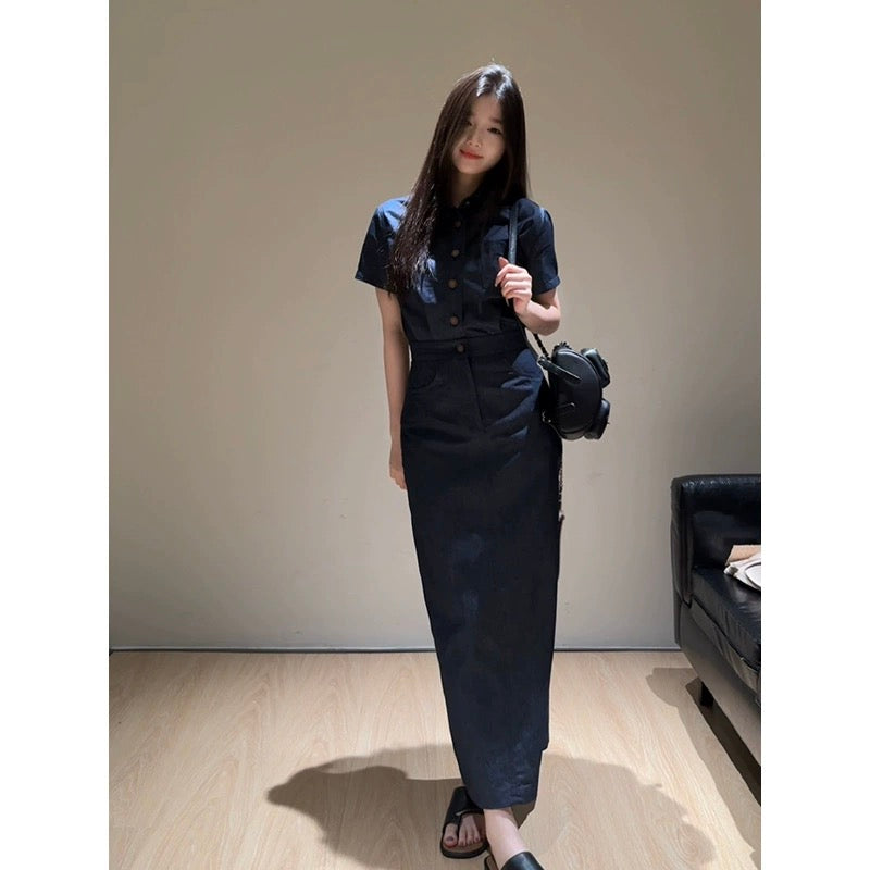 Wang Girl's shop short-sleeved shirt dress summer new Korean style small waist slimming casual workwear long skirt