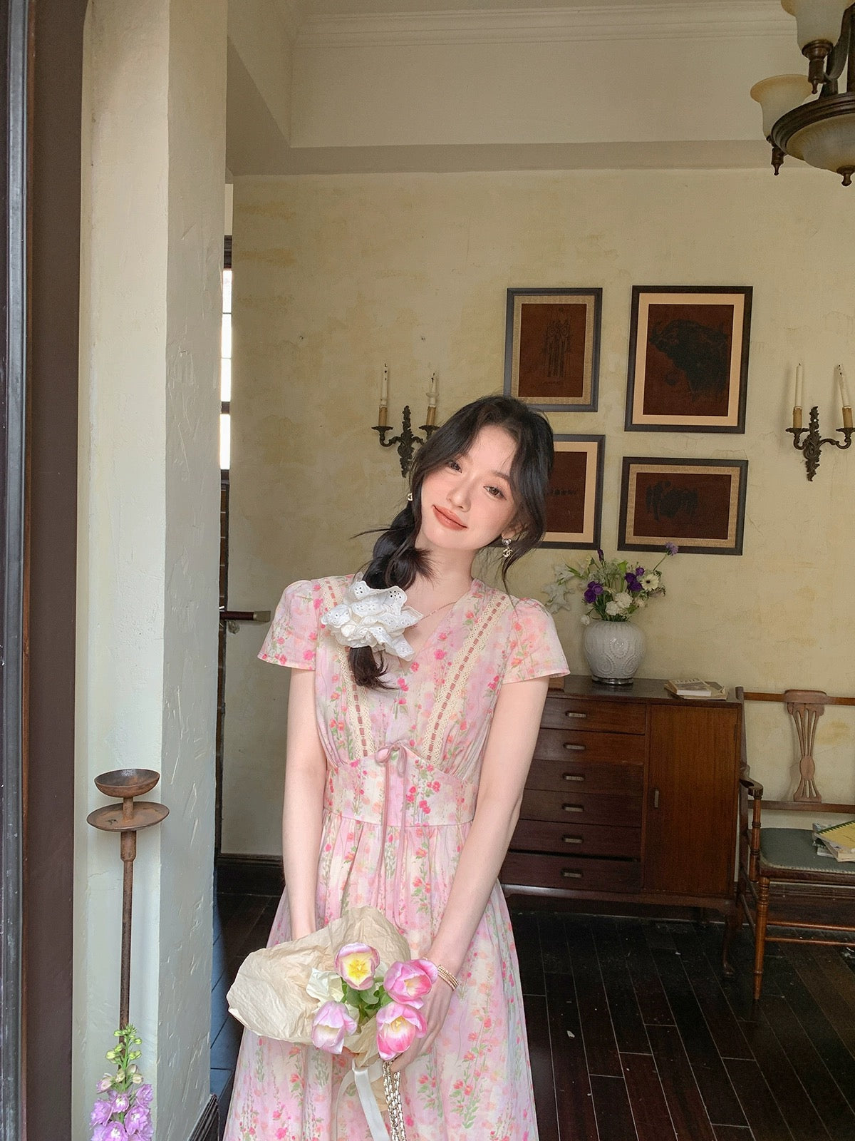 Miss Chipmunk Rose Lover Sweet Floral Dress Little Women's Summer French Style Long Dress