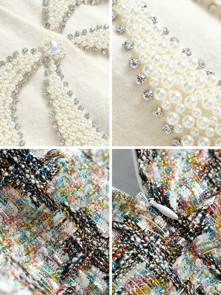 MIUCO Diamond Beaded Bow Round Neck Knitted Cardigan + Tweed Chic Skirt Set