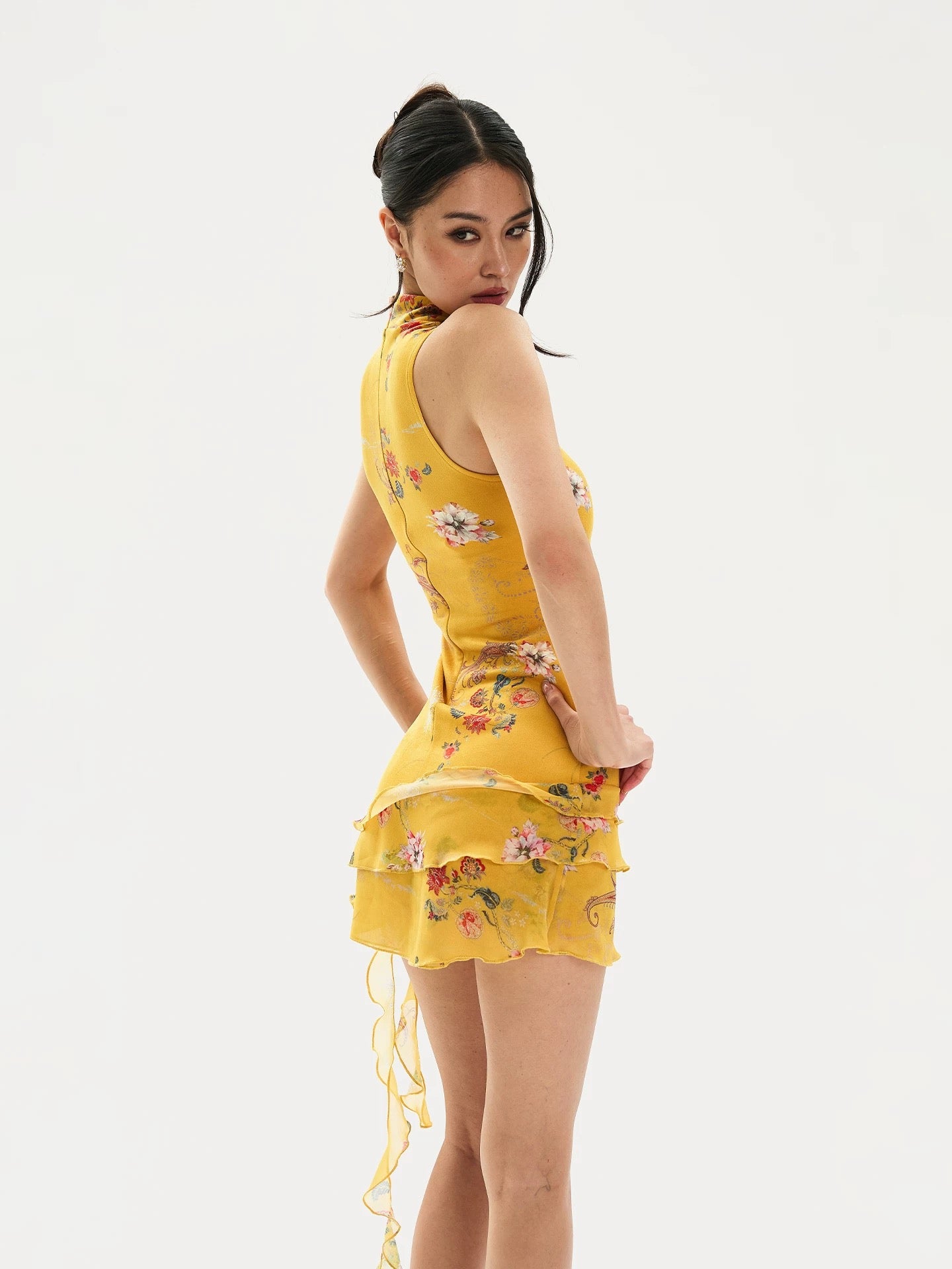 FINDYAWINGS New Chinese Style Printed Slim Fit Stand Collar Cheongsam Dress (Short Skirt) - A Must-Have for Homebodies