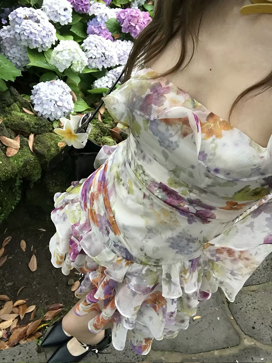 "Mischief of Cookie" Floral Fairy Heiress Style Lotus Leaf Floral Print Slimming Dress