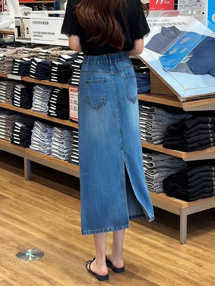 Denim skirt women's ultra-thin drape 2025 summer new elastic waist small size slit ice skin Tencel midi skirt