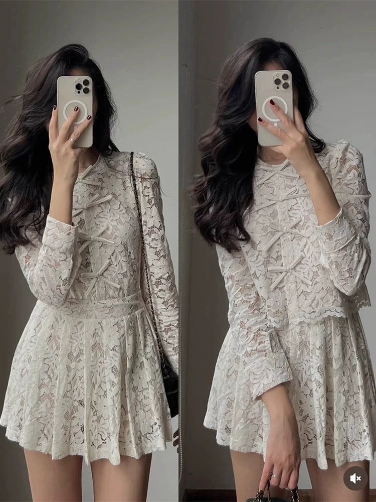 Korean chic spring new retro lace crochet bow shirt + high waist pleated skirt suit for women