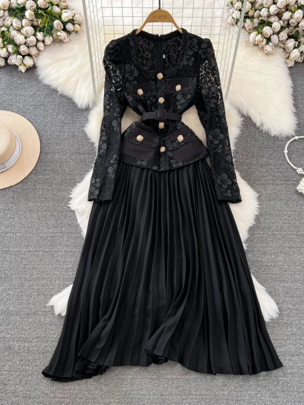Spring and Autumn Korean style ladylike temperament fake two-piece long-sleeved square neck lace patchwork waist A-line large hem pleated dress