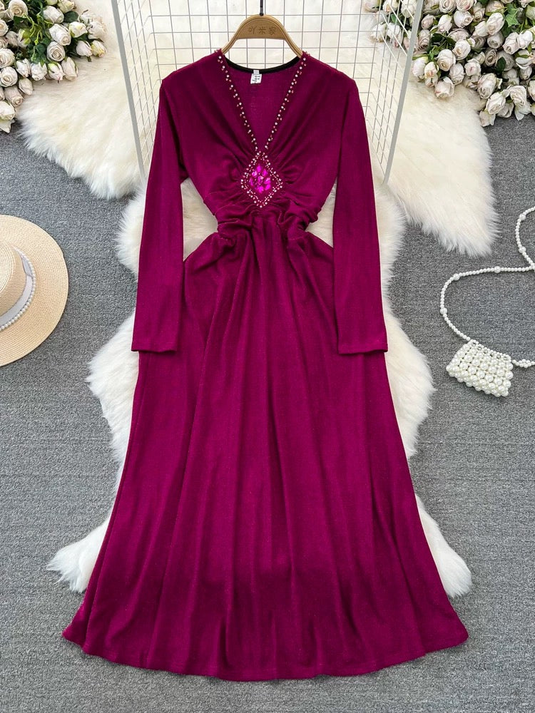 Spring and autumn Korean style ladylike long-sleeved diamond-studded V-neck waist slimming A-line bright silk dress elegant long skirt