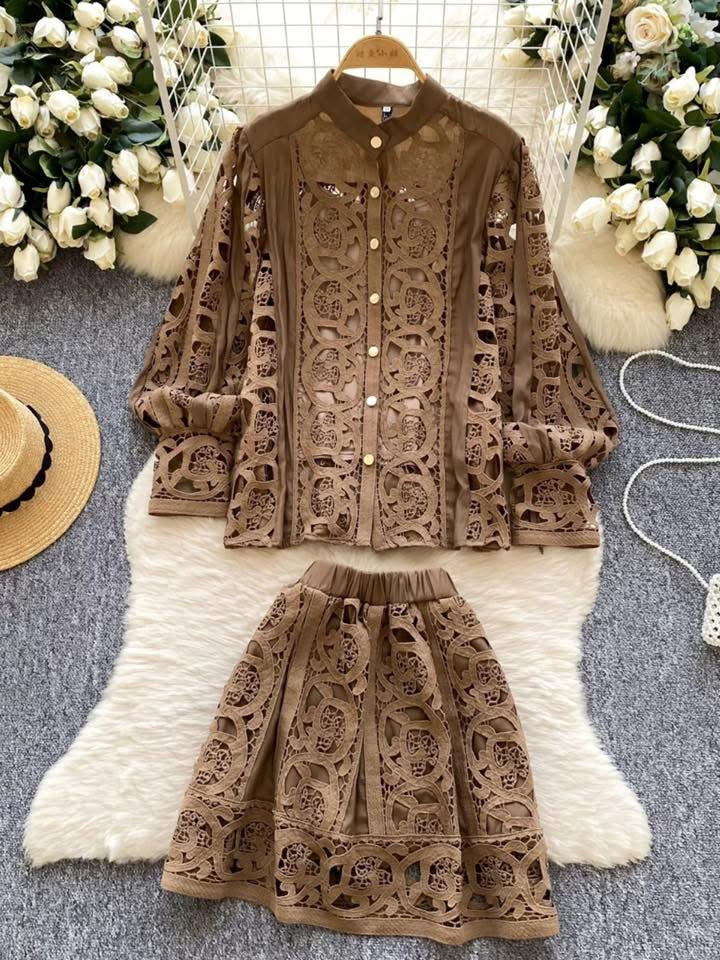 French palace style hollow hook lace lantern sleeve shirt layered with a camisole + high waist skirt suit