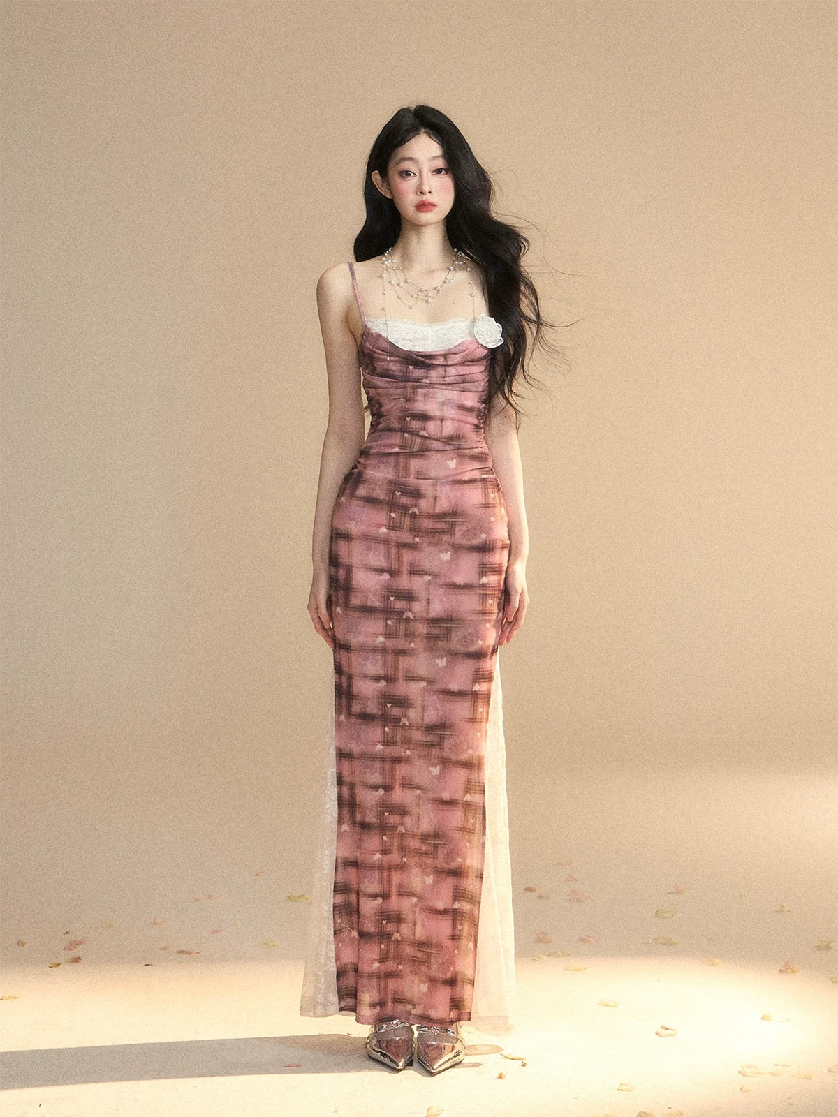 Shao Yeyan Lillian Dream One Shoulder French Lace Plaid Suspender Dress Women's Summer Waist Slimming Long Dress