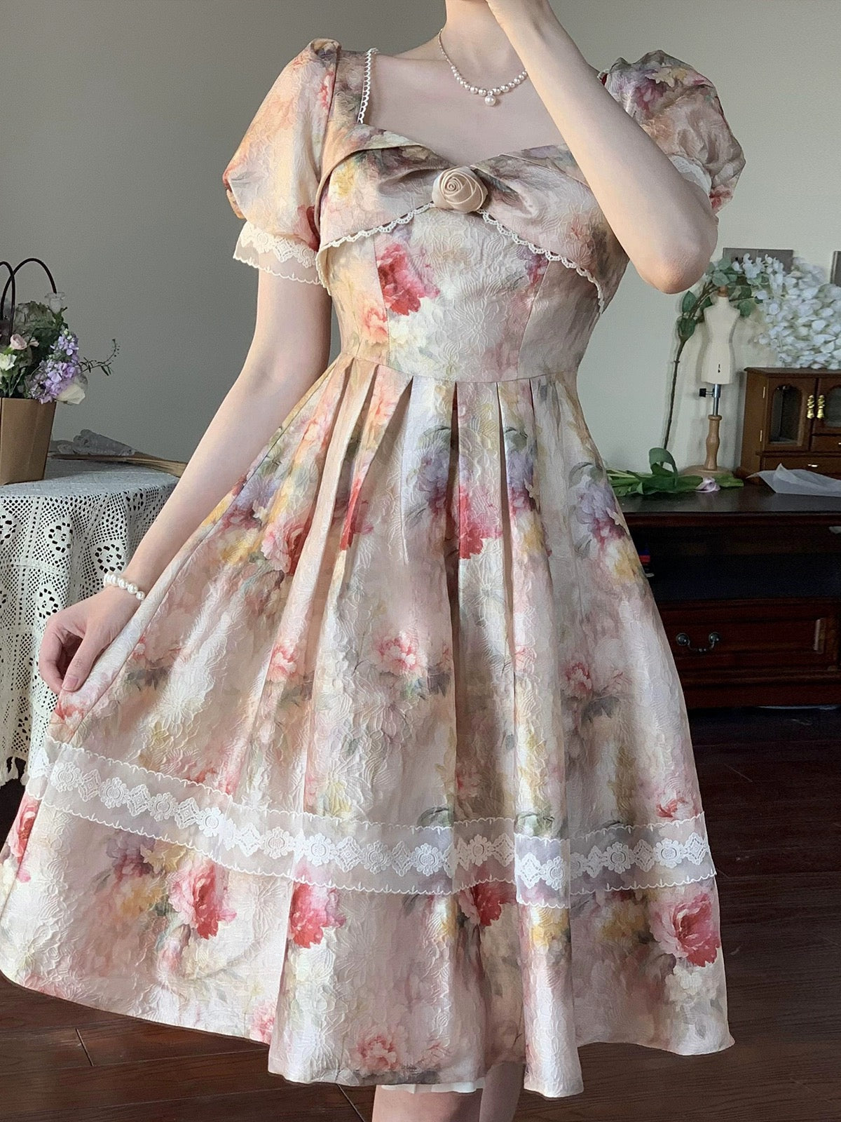 PartyYan Flowers Retro Oil Painting Palace Art Exquisite Jacquard Lace Sweet Princess Waist Dress