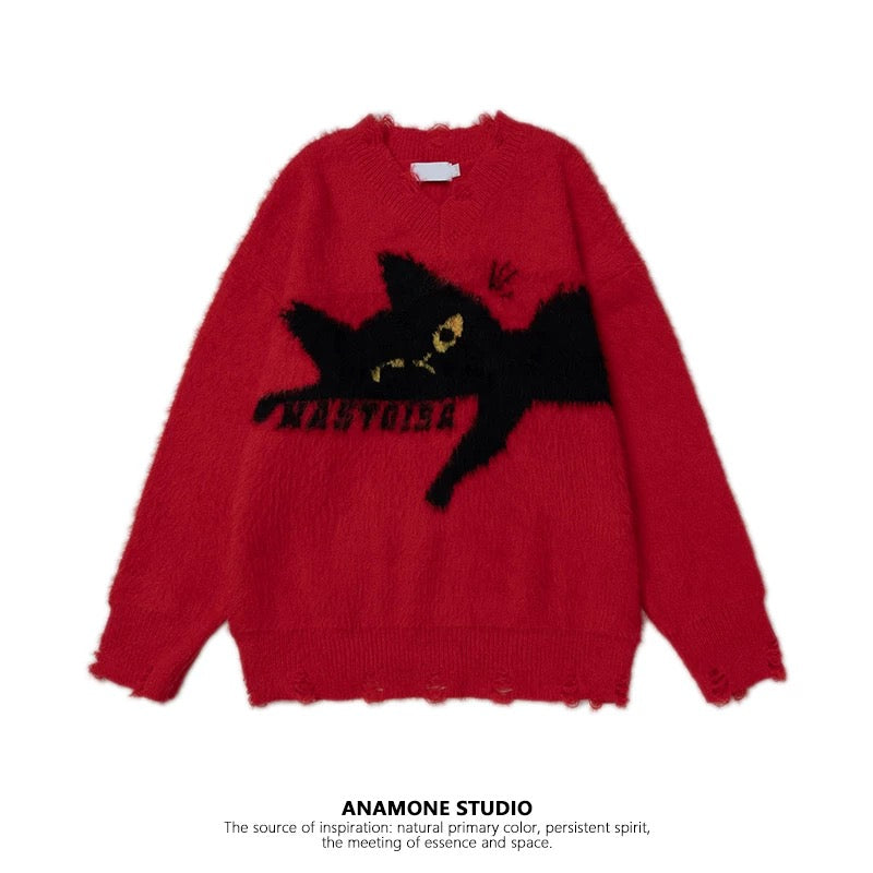 ANAMONE Japanese retro cute cat sweater women 2025 autumn loose lazy style design niche