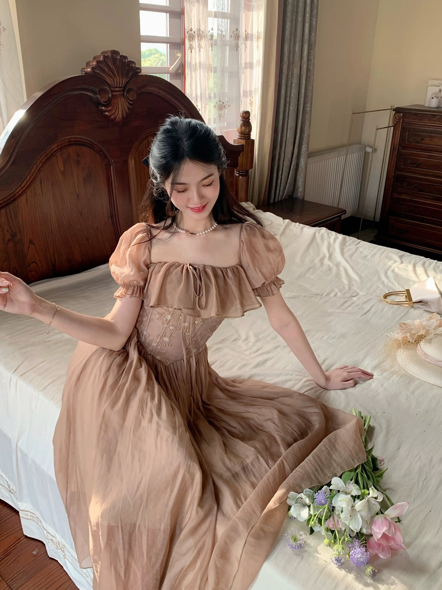 PartyYan Earl Oolong Baroque jacquard palace style Tencel fishbone high-end waist dress summer