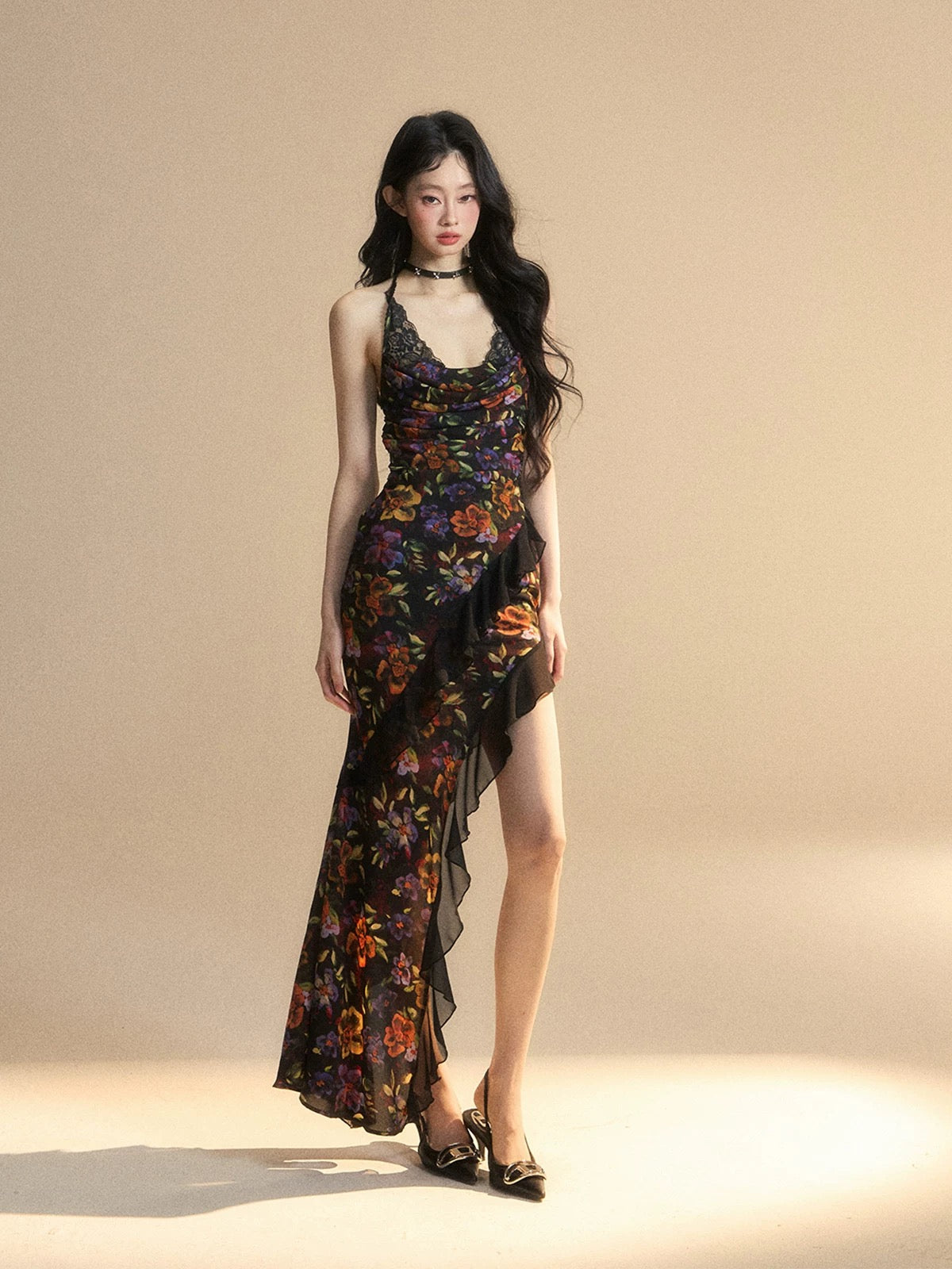 Shao Ye Yan Wine Smoked Wild Rose French Floral Suspender Dress Women's Summer Waist Slim Chiffon Fishtail Skirt Long Skirt