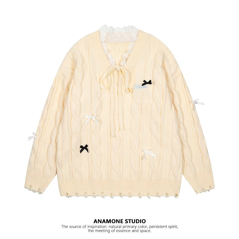 ANAMONE Japanese sweet lace splicing sweater female 2025 winter v-neck bow design niche