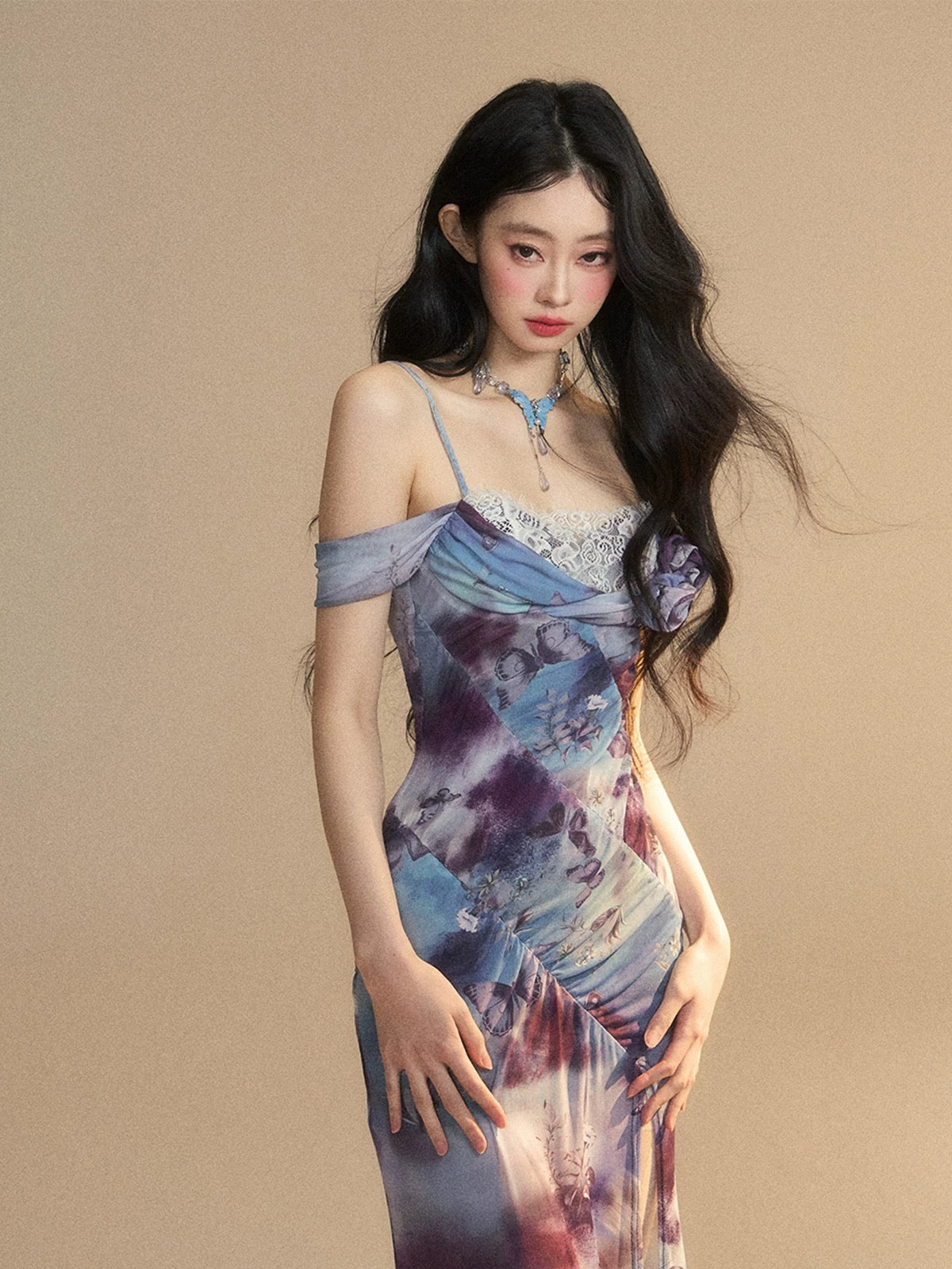 Shao Ye Yan beauty ambition blue ink painting French suspender dress female summer waist slim lace long skirt