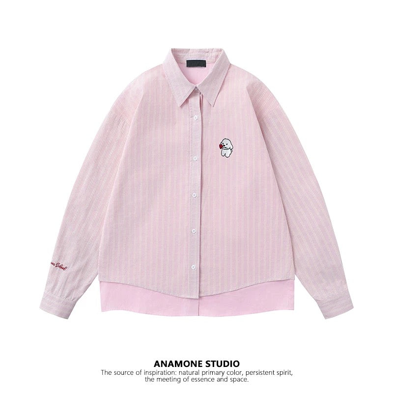 ANAMONE American retro fake two-piece striped shirt women's 2025 spring design interesting long-sleeved shirt