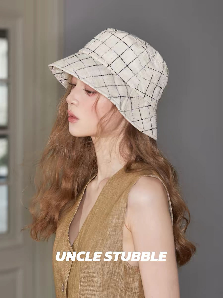 Japanese style cotton and linen fisherman's hat, summer breathable, sun-shading, UV-protective hat, plaid elegant women's hat, sun protection bucket hat.