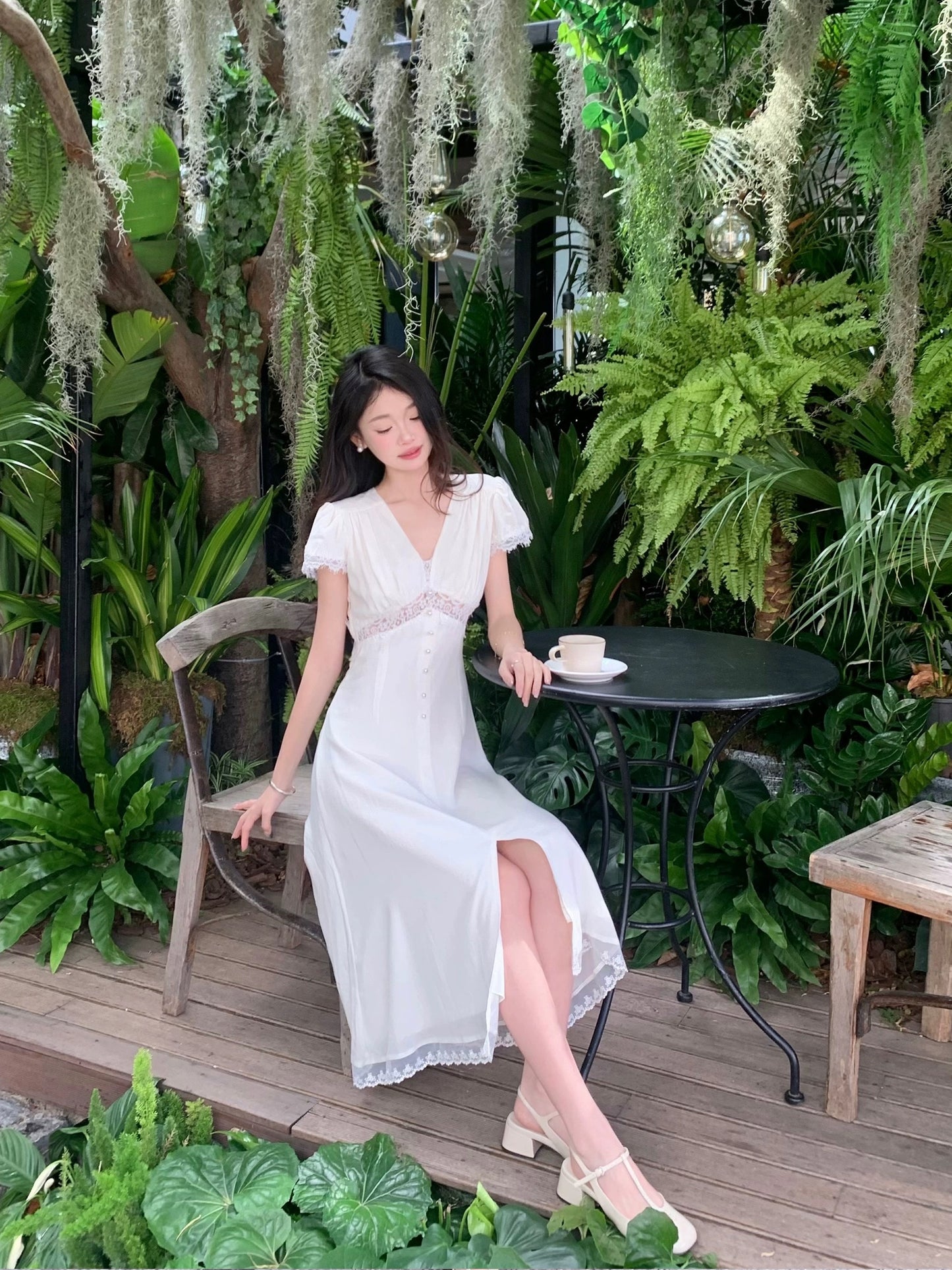PartyYan White Moonlight French First Love Lace White Dress Women's Waist Sweet and Fresh Chiffon Women's Summer