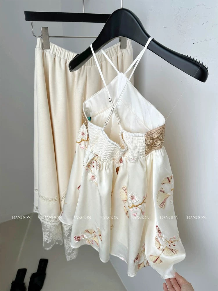 BANGONI INS Retro New Chinese Embroidery Halter Vest Romantic Relaxed Holiday Style Top