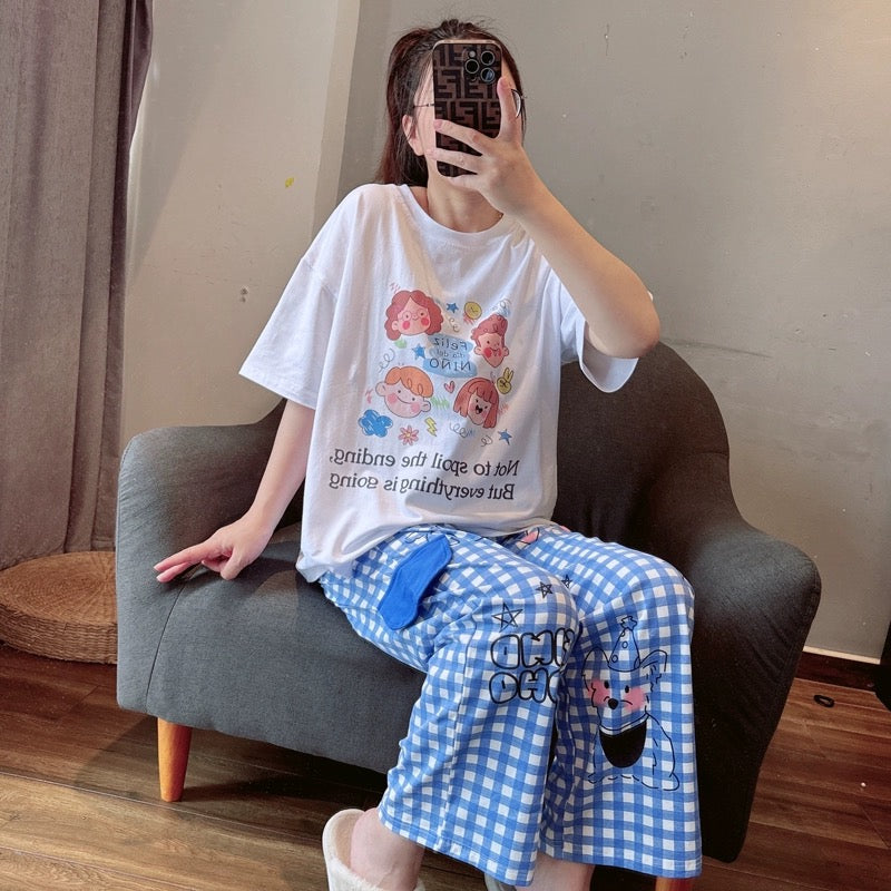 Sweet cartoon plaid pajamas for women summer 24 new pure cotton short-sleeved shorts thin home clothes set can be worn outside