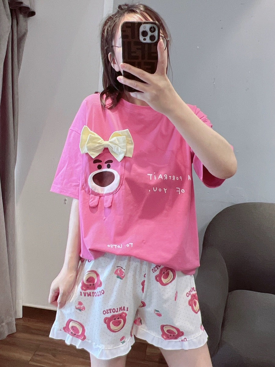 Sweet bow bear pajamas for women, summer short-sleeved shorts, casual cotton home clothes set, can be worn outside