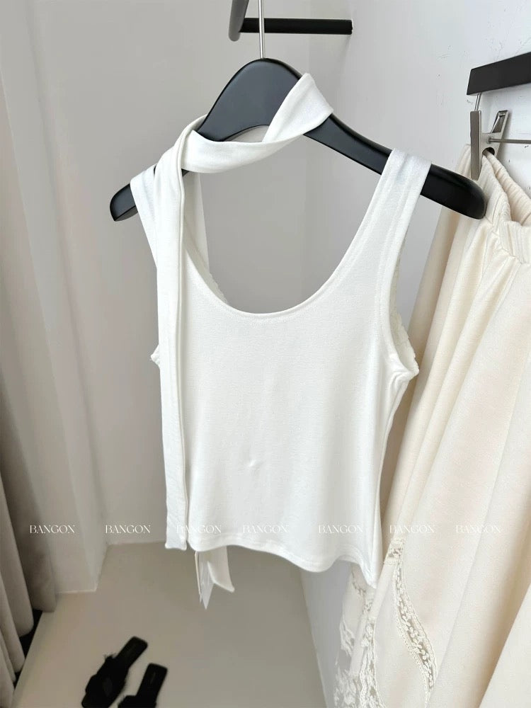 BANGON INS three-dimensional flower ribbon halter neck camisole 2025 summer new gentle pure desire top