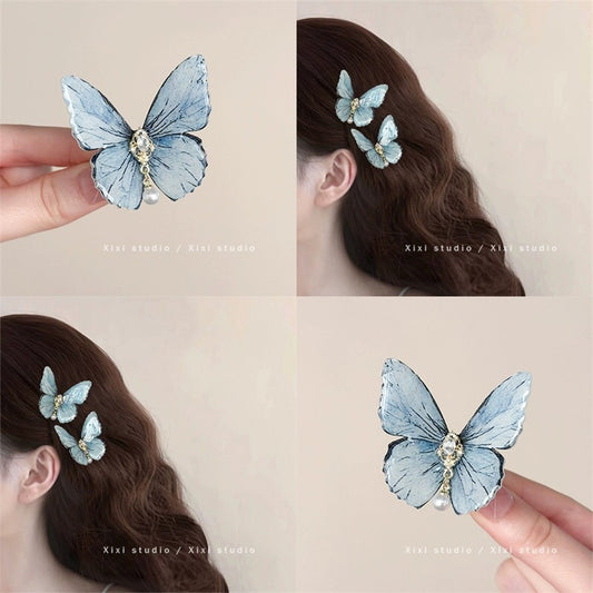 Pure desire retro blue smart butterfly side clip super fairy sweet exquisite hair clip niche high-end side clip hair clip