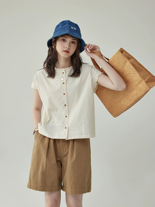 "Beijima AMUU" French retro girl's round neck slim shirt with earrings, summer design simple top