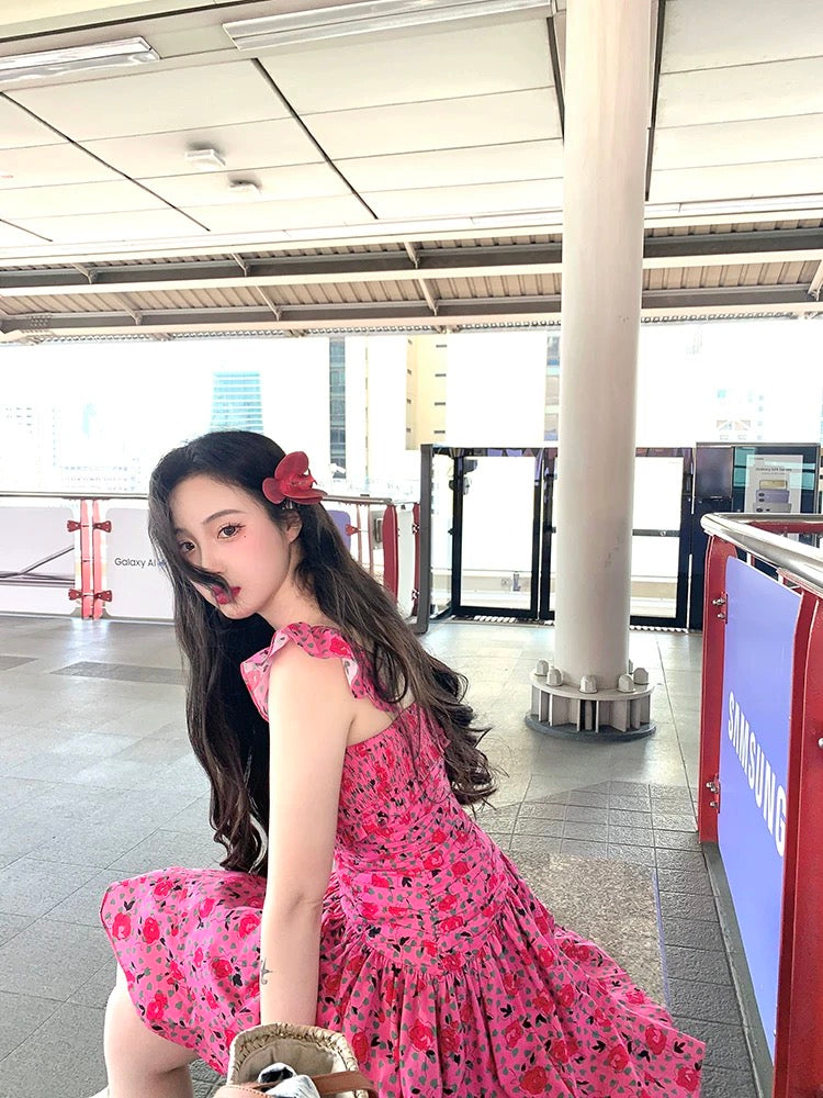Lujin homemade "Wild Berry Sniper" 100 cotton white print spring and summer short rose red dress female waist