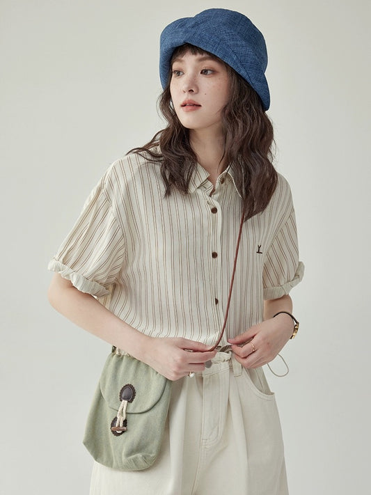 "Beijima AMUU" French casual polo collar striped embroidered shirt summer women's loose and versatile lapel shirt
