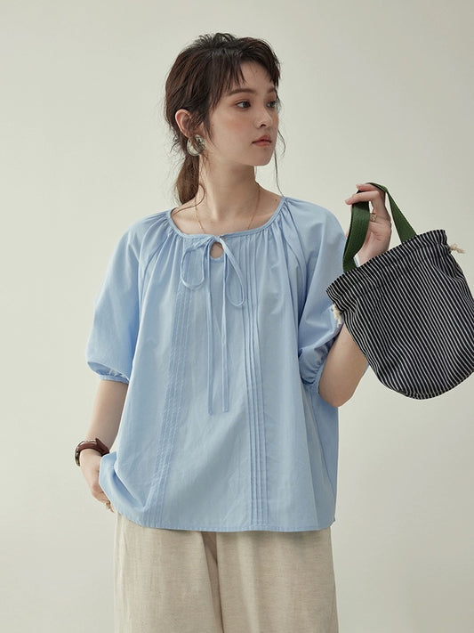 "Beijima AMUU Original" Designed Lace Puff Sleeve Shirt Women's Summer Round Neck Loose Short Sleeve Top