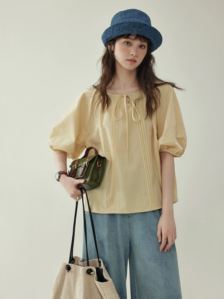 "Beijima AMUU Original" Designed Lace Puff Sleeve Shirt Women's Summer Round Neck Loose Short Sleeve Top