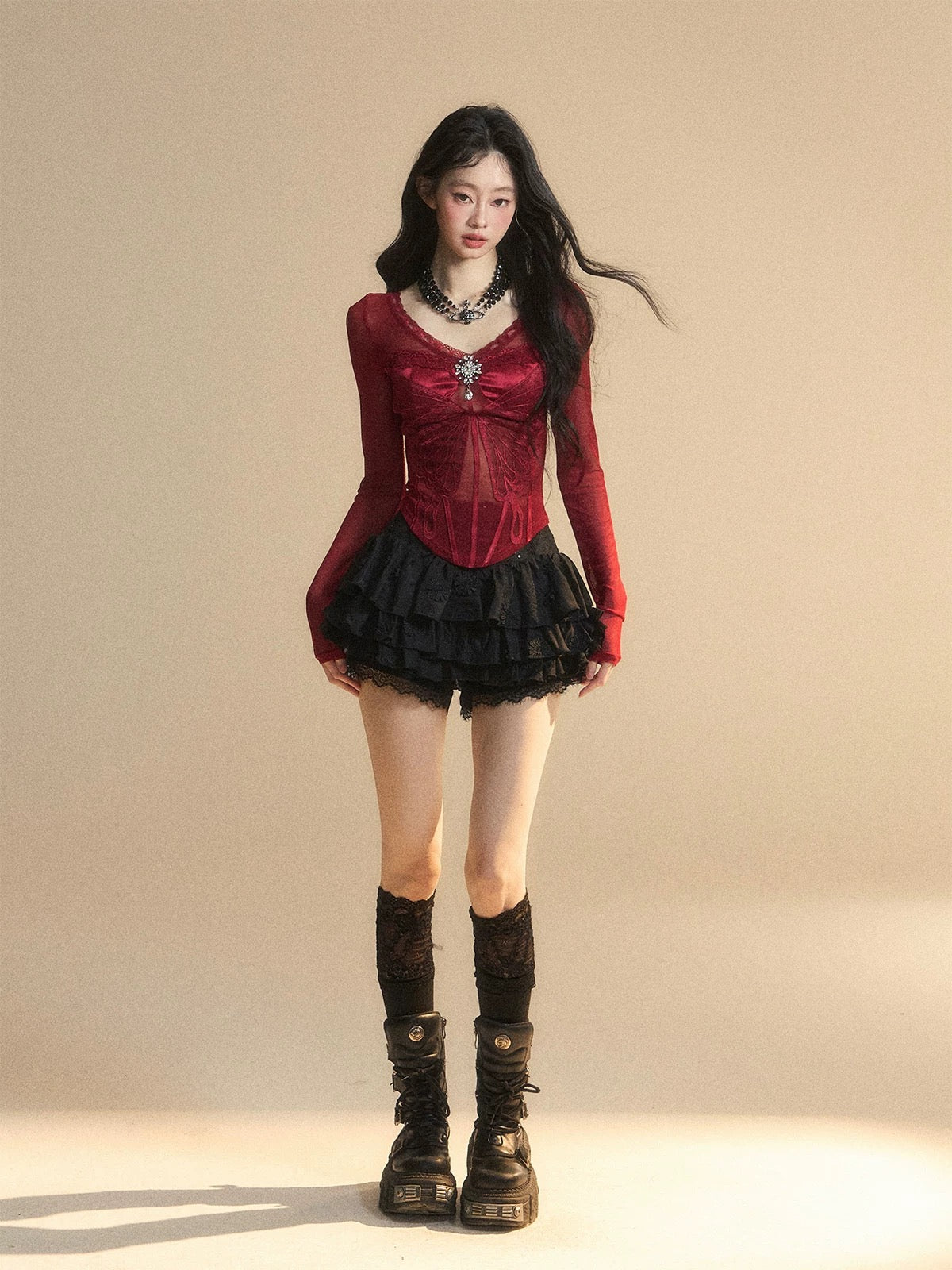 Shao Ye Yan Australian Cranberry Lace Shoulder Mesh T-shirt Women's Summer Long Sleeve Slim V-neck Sexy Hot Girl Top
