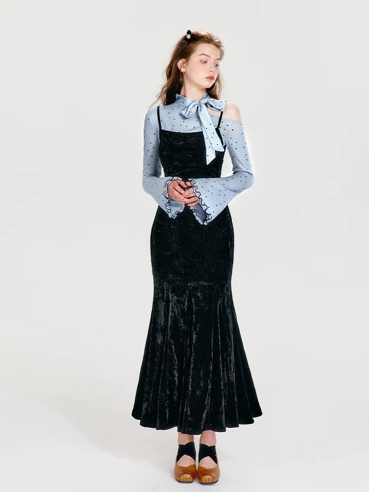 BOHOLBLING mint is not cool, rich off-shoulder velvet hip skirt, fake two-piece fishtail dress