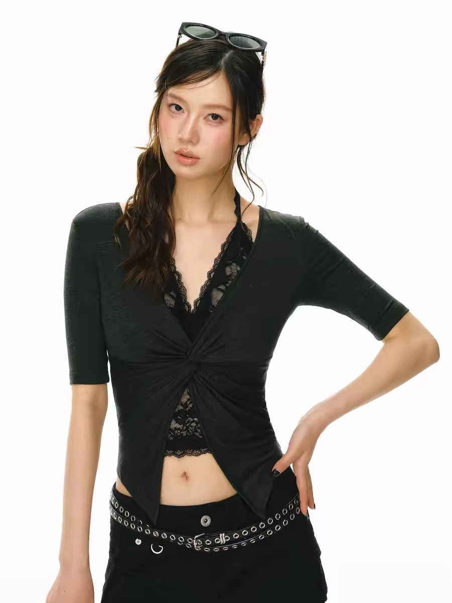 Ariseism American Retro Faux Two-Piece Lace Mid-Sleeve T-Shirt Women's Summer New Slim Fit Top