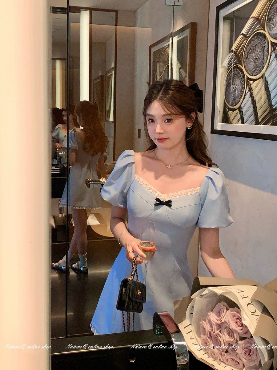 Yang Xiaojuan French miu style square neck baby blue dress lace lace sweet girly commuting skirt