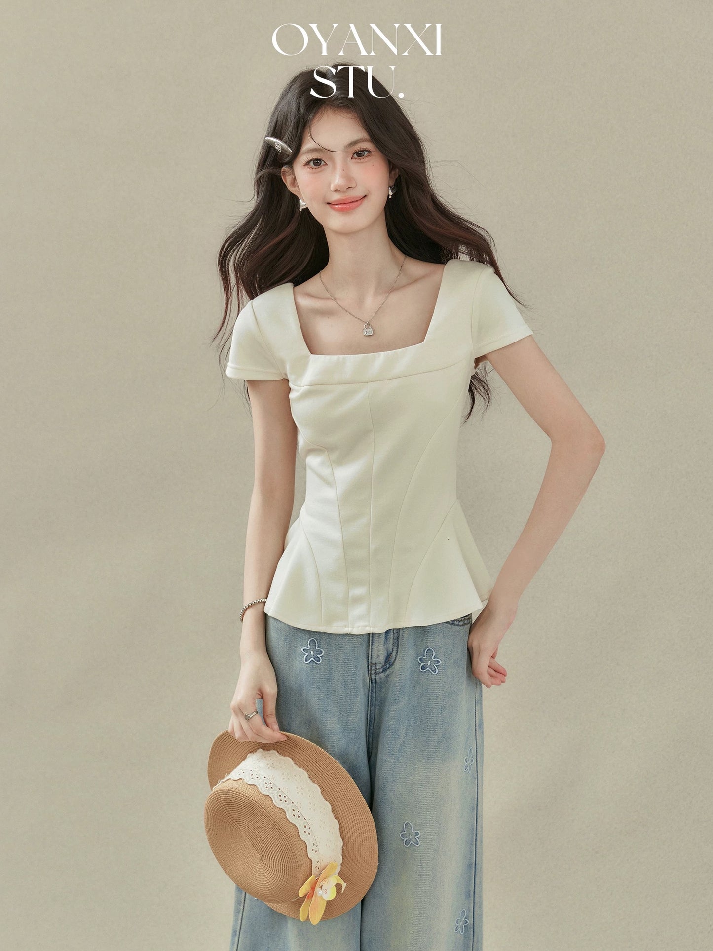 Ouyang Xi's "Monsoon Monologue" summer apricot-colored straight shoulder square collar short-sleeved top temperament slim ruffled T-shirt