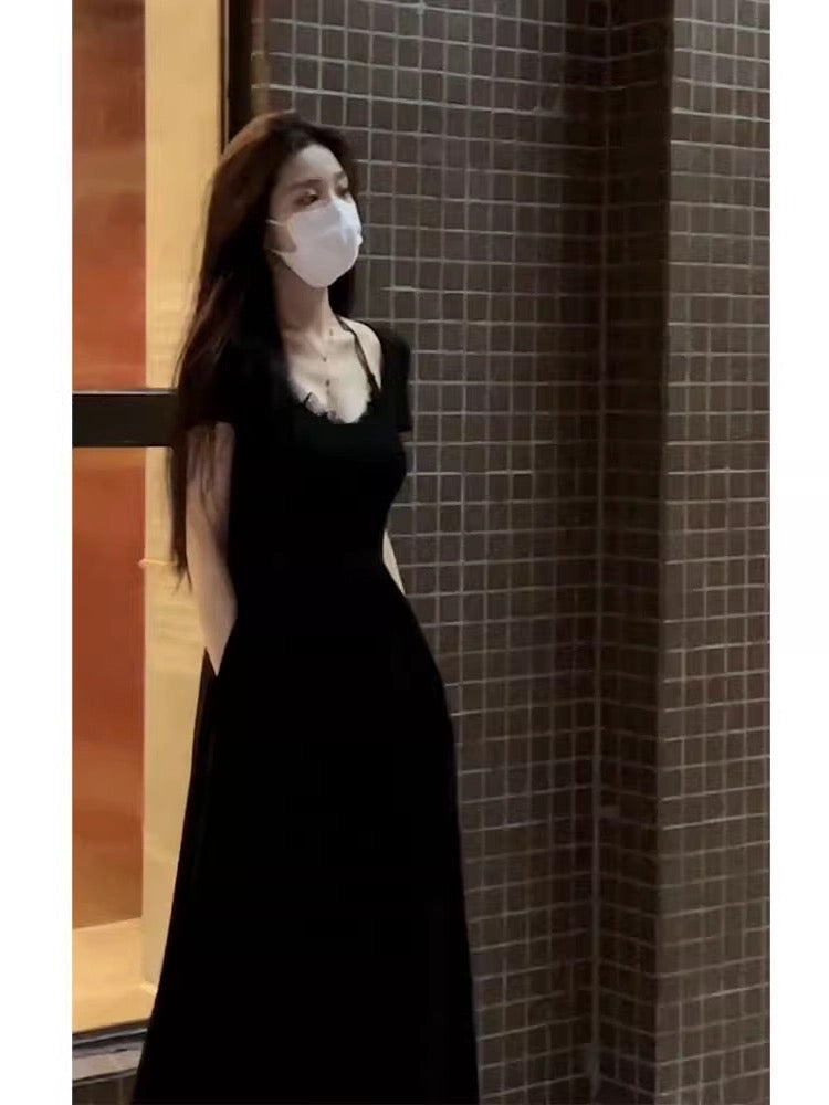 Design sense French temperament sexy slim fake two-piece dress female summer high-end pure desire black long skirt