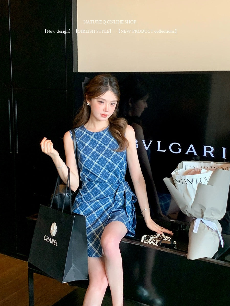 Yang Xiaojuan girly denim blue plaid sleeveless dress college style vest dress summer short skirt
