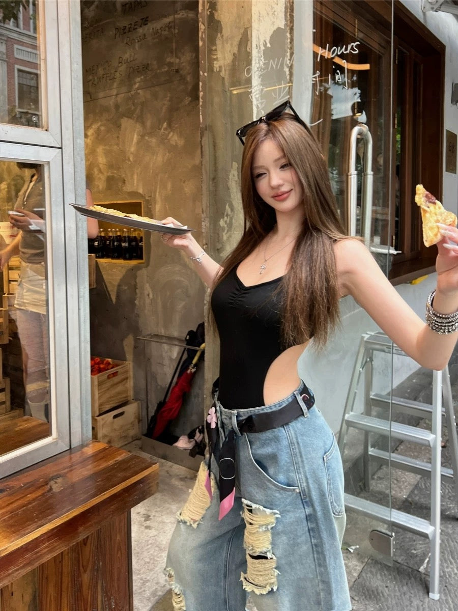 Kumikumi American careful backless camisole, summer ripped jeans