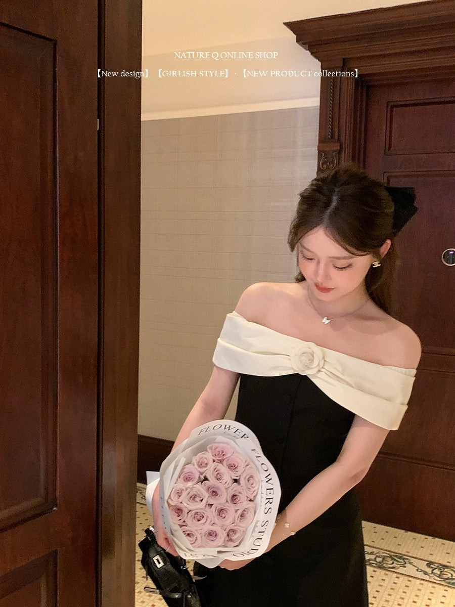 Yang Xiaojuan French style daughter-in-law one-shoulder dress female Hepburn style black mini dress birthday dress