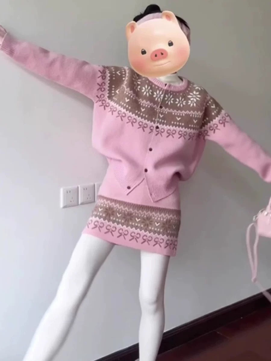 Lazy Style Pink Jacquard Sweater and Knit Skirt Set for Women, New Autumn Style, Loose Top and Skirt Two-Piece Set