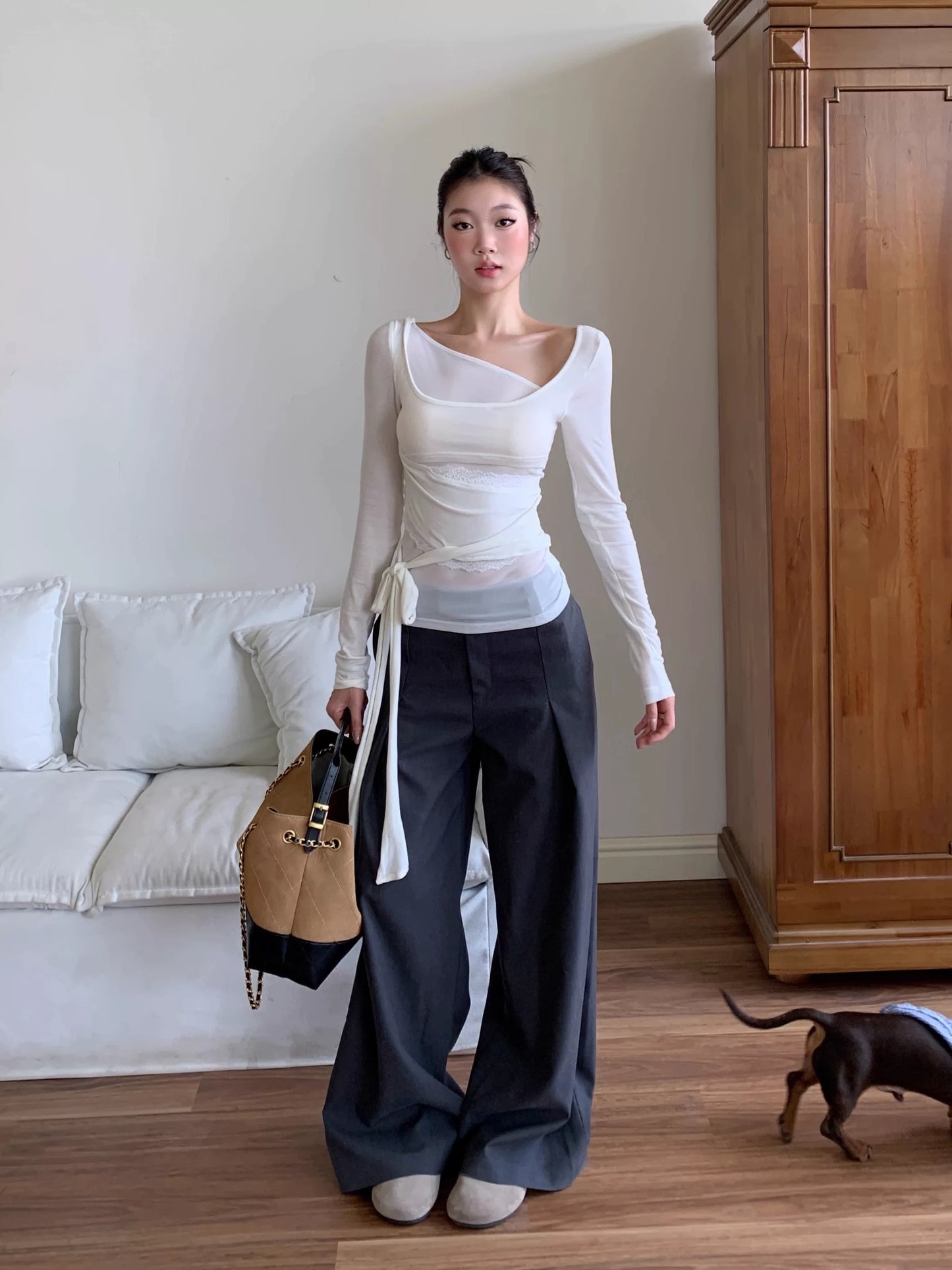WITHMIN white women's T-shirt long-sleeved autumn slim fit bottoming shirt women's inner design niche top