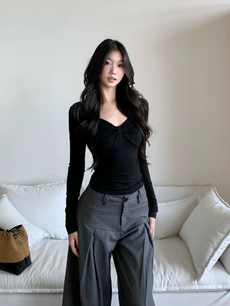 WITHMIN straight shoulder women's T-shirt autumn new slim bottoming shirt women's inner short black top women's long sleeve