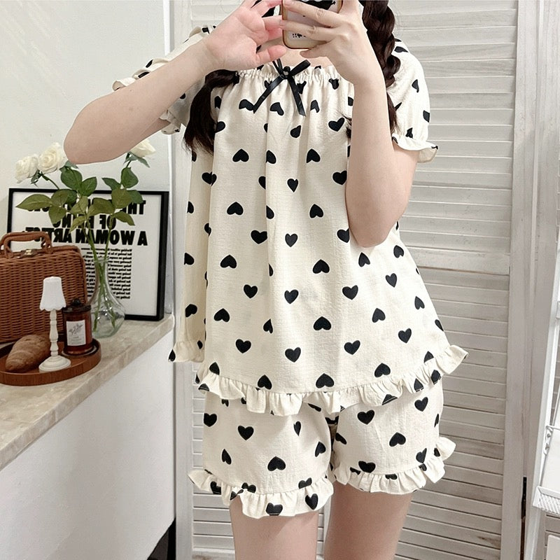 Summer thin short-sleeved pajamas for women Korean style summer princess style sweet lace pure cotton cardigan home wear set